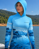 Camisa de Pesca Feminina Paraíso Azul com Capuz e Proteção UV50+