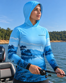 Camisa de Pesca Feminina Paraíso Azul com Capuz e Proteção UV50+