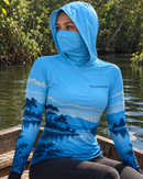 Camisa de Pesca Feminina Paraíso Azul com Capuz + Bandana e Proteção UV50+