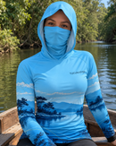 Camisa de Pesca Feminina Paraíso Azul com Capuz + Bandana e Proteção UV50+