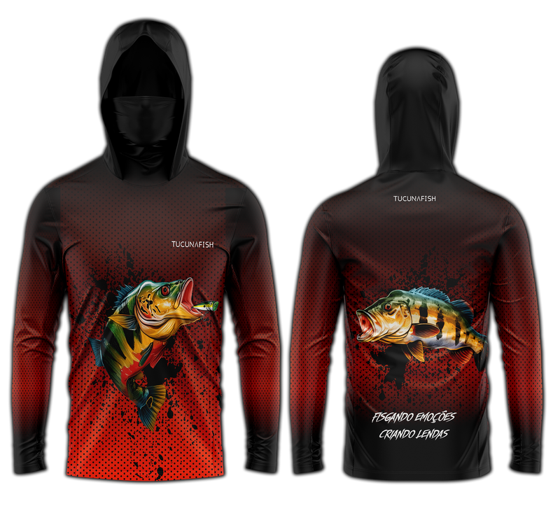 Camisa de Pesca TucunaFish Ataque Vermelho com Capuz+Bandana e Proteção UV50+