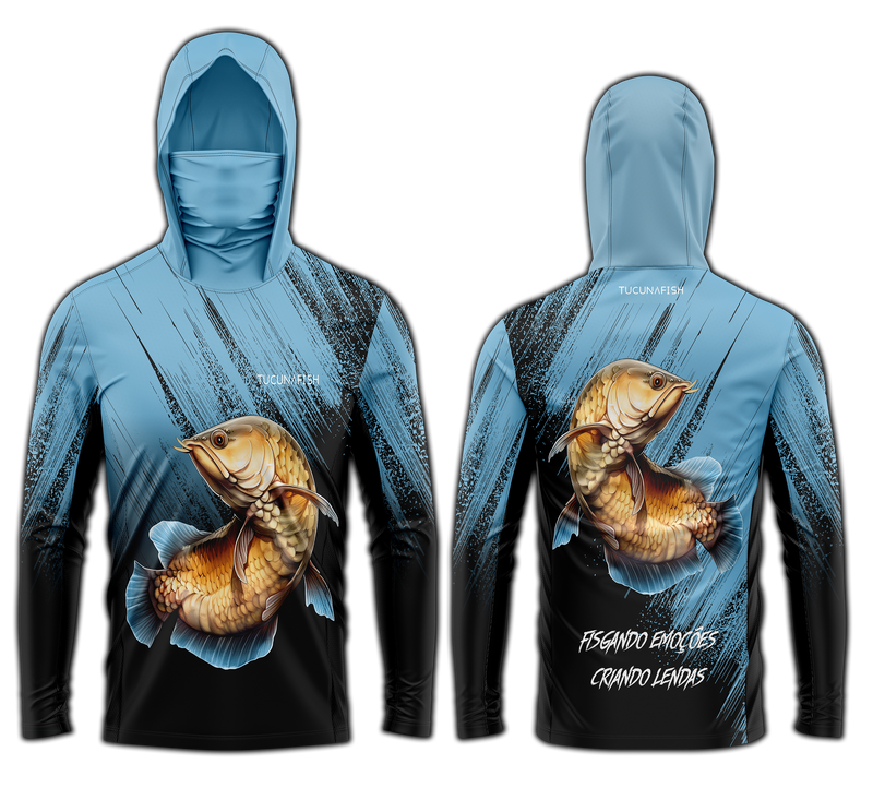 Camisa de Pesca TucunaFish Lâmina Azul com Capuz+Bandana e Proteção UV50+