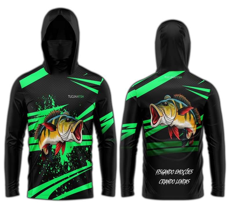 Camisa de Pesca TucunaFish Explosão Verde com Capuz+Bandana e Proteção UV50+