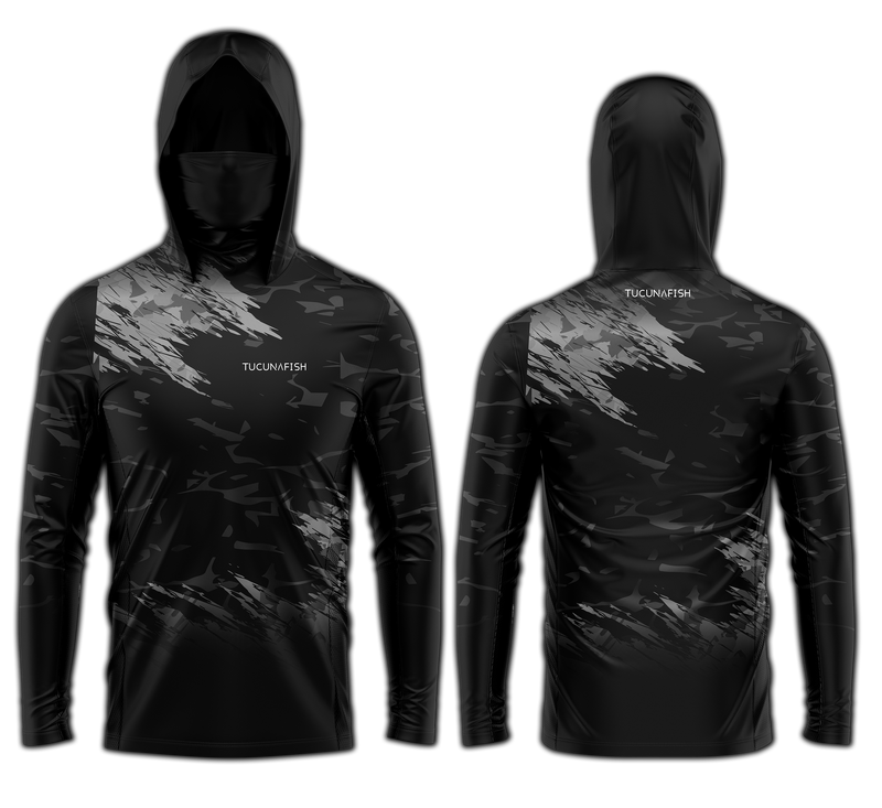 Camisa de Pesca TucunaFish Camuflagem Noturna com Capuz+Bandana e Proteção UV50+