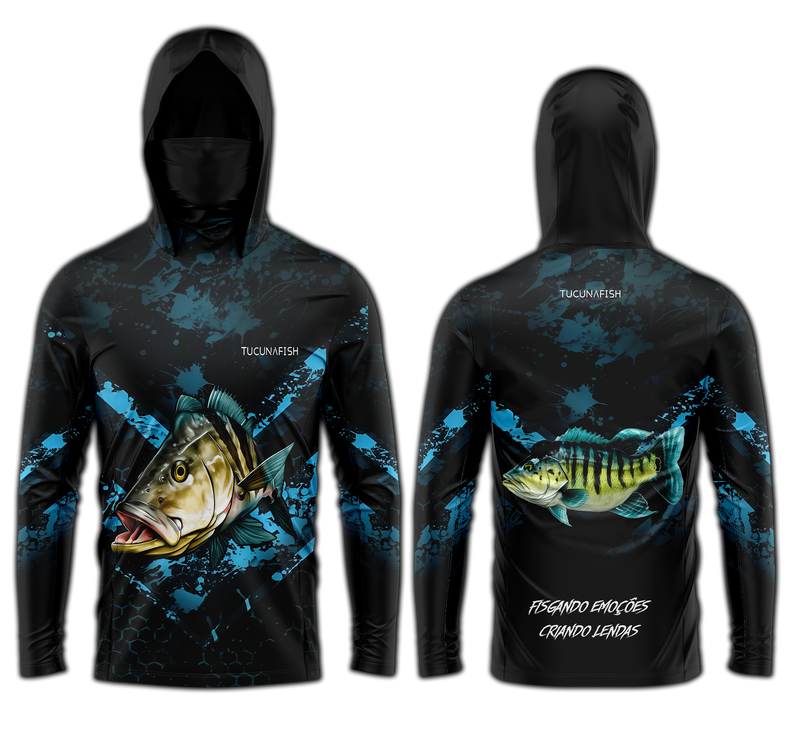 Camisa de Pesca TucunaFish Predador Azul com Capuz+Bandana e Proteção UV50+