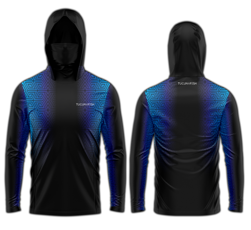 Camisa de Pesca TucunaFish Prisma Azul com Capuz+Bandana e Proteção UV50+