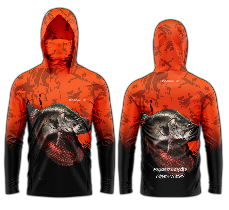 Camisa de Pesca TucunaFish Escama de Fogo com Capuz+Bandana e Proteção UV50+