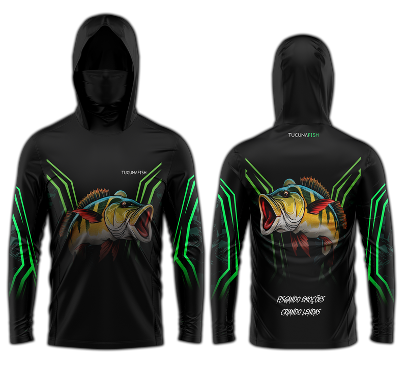 Camisa de Pesca TucunaFish Verde Predador com Capuz+Bandana e Proteção UV50+