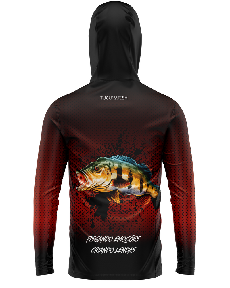 Camisa de Pesca TucunaFish Ataque Vermelho com Capuz+Bandana e Proteção UV50+