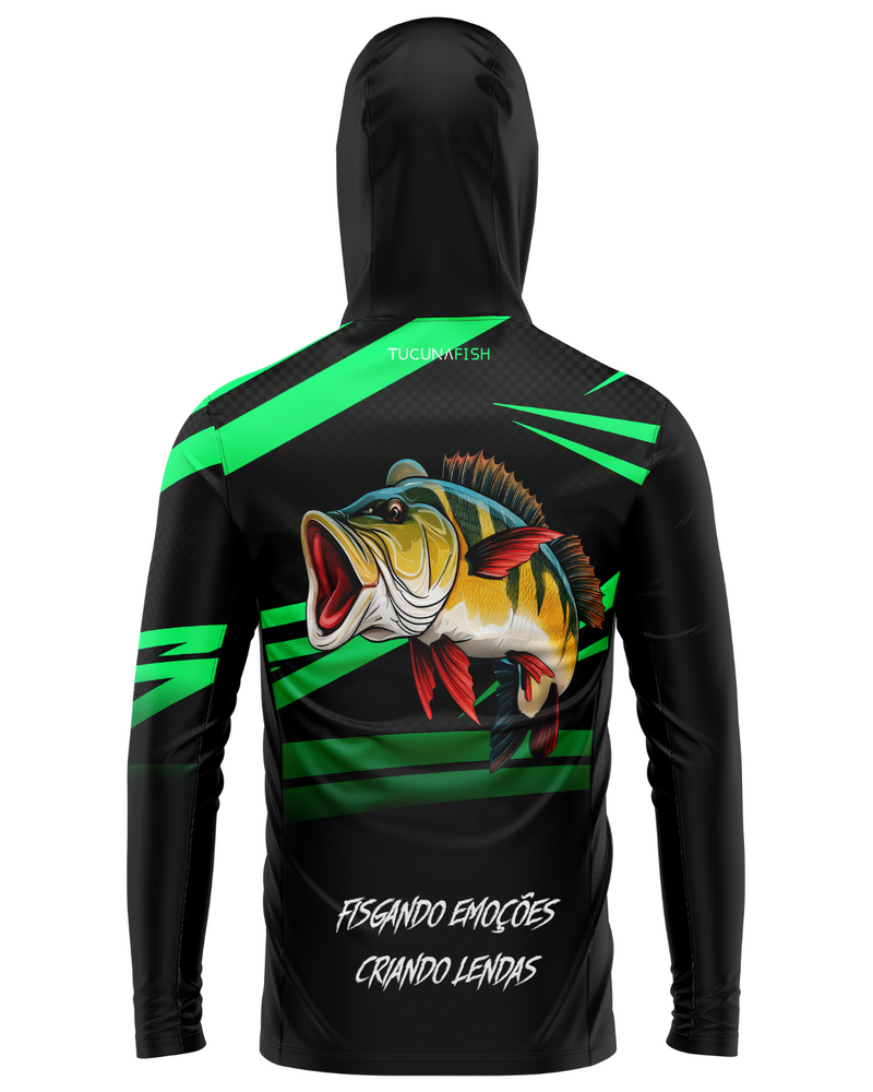 Camisa de Pesca TucunaFish Explosão Verde com Capuz+Bandana e Proteção UV50+