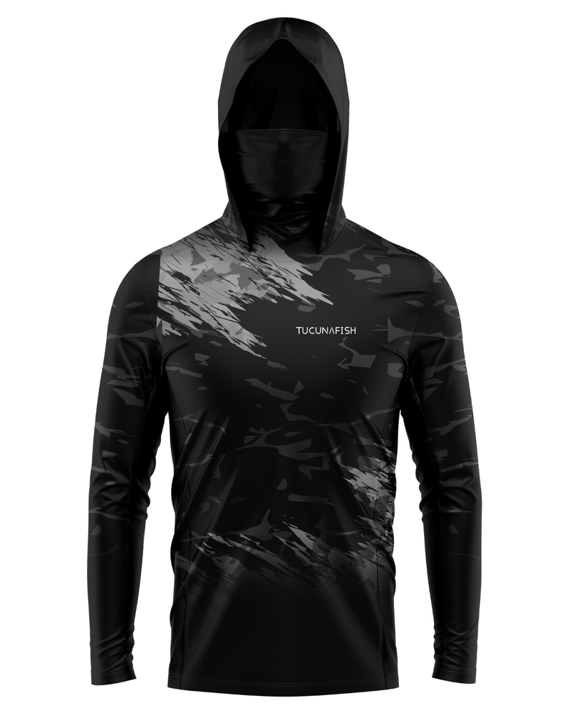 Camisa de Pesca TucunaFish Camuflagem Noturna com Capuz+Bandana e Proteção UV50+