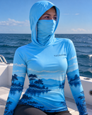 Camisa de Pesca Feminina Paraíso Azul com Capuz + Bandana e Proteção UV50+