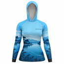 Camisa de Pesca Feminina Paraíso Azul com Capuz e Proteção UV50+