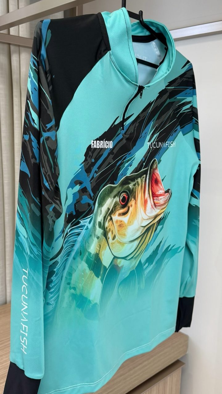 Camisa de pesca infantil TucunaFish com zíper e estampa de tucunaré, personalizada com o nome Fabrício