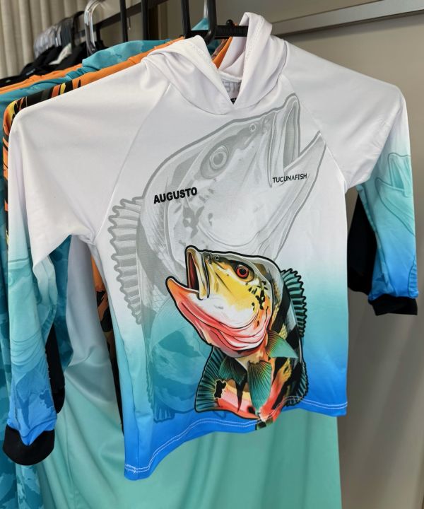 Camisa de pesca infantil TucunaFish com capuz, tamanho 1 ano, personalizada com nome