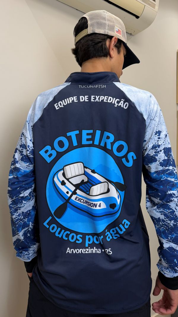 Costas de camisa de pesca personalizada para a equipe de expedição Boteiros, de Arvorezinha (RS)