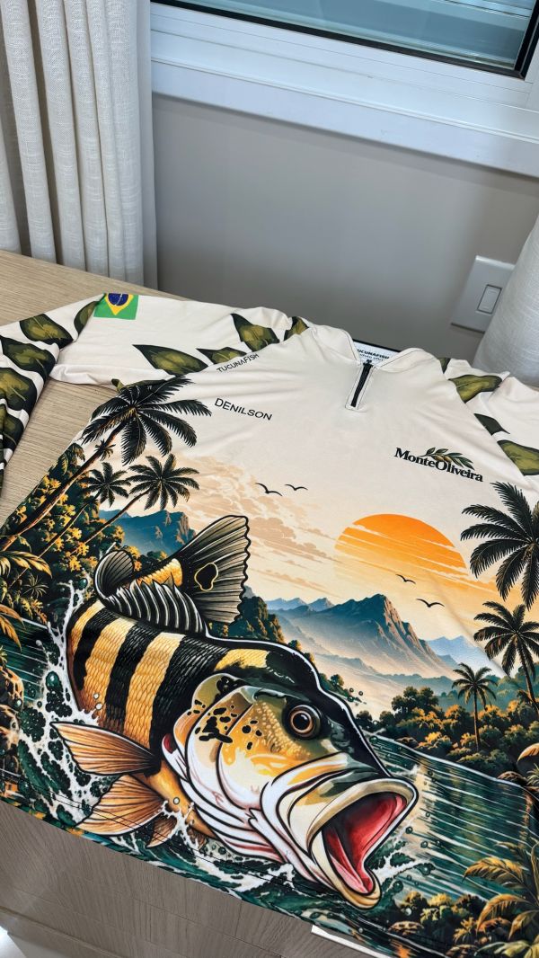 Frente de camisa de pesca com zíper personalizada para a turma da Ilha do Jeff, com nome e logo